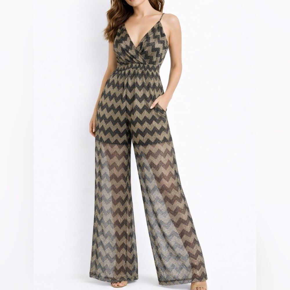 ASTR The Label Metallic Chevron Sheer Wide Leg Jumpsuit Evening Glam Size M